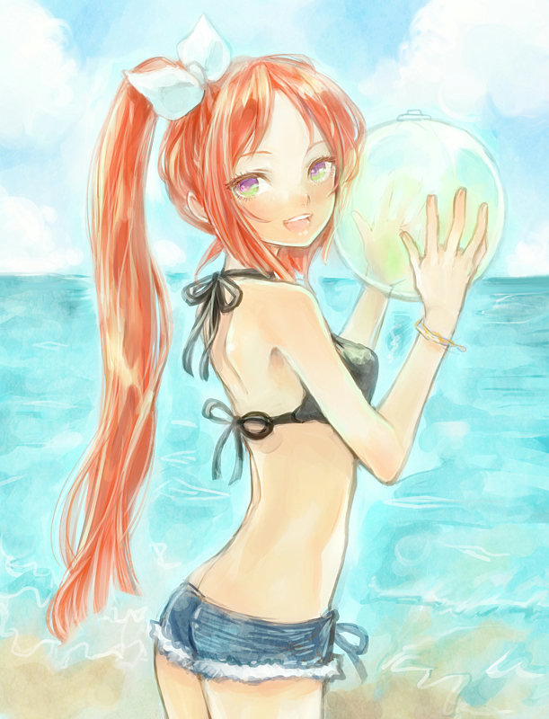 1boy ball beach beachball bow bra bracelet commentary cowboy_shot day denim denim_shorts from_side green_eyes hair_bow holding holding_ball holding_beachball jewelry kedama_black long_hair looking_at_viewer namine_ritsu ocean open_mouth otoko_no_ko outdoors ponytail redhead short_shorts shorts sky smile solo swimsuit swimwear underwear utau white_bow