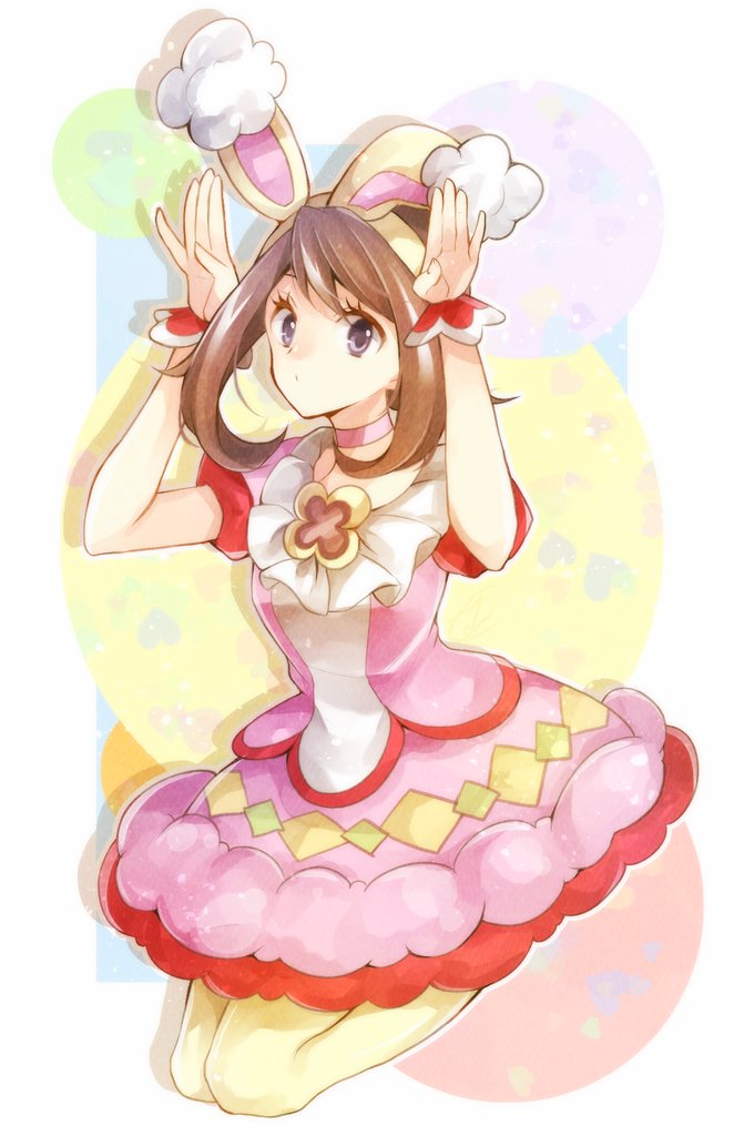 1girl animal_ears bangs brown_hair choker closed_mouth easter eyelashes fake_animal_ears frills full_body hairband looking_at_viewer may_(pokemon) pantyhose pokemon pokemon_(game) pokemon_masters_ex purple_choker purple_skirt short_sleeves skirt solo symbol_commentary violet_eyes wrist_cuffs yellow_hairband yellow_legwear yomogi_(black-elf)