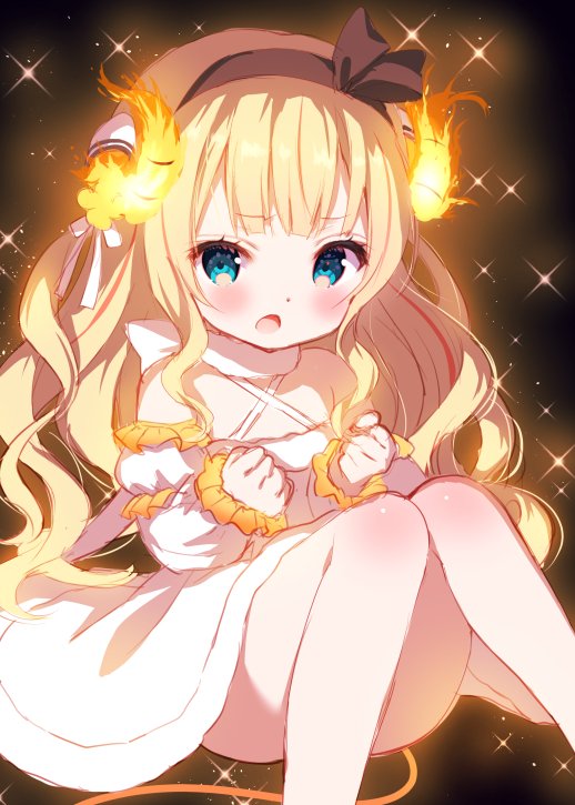 1girl bangs blonde_hair blue_eyes blush brown_hairband chitosezaka_suzu criss-cross_halter curled_horns detached_sleeves dress eyebrows_visible_through_hair feet_out_of_frame fiery_horns gochuumon_wa_usagi_desu_ka? hairband halterneck horns kirima_sharo knees_together_feet_apart knees_up long_hair long_sleeves looking_at_viewer open_mouth puffy_short_sleeves puffy_sleeves short_over_long_sleeves short_sleeves sitting sleeves_past_wrists solo sparkle very_long_hair white_dress