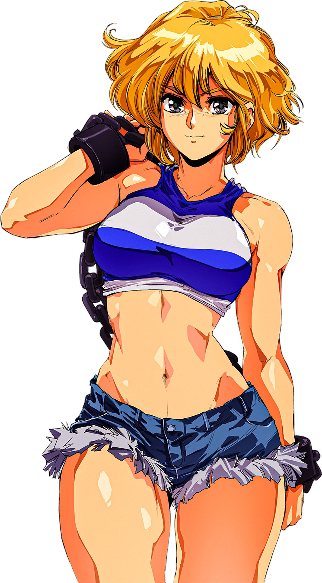 1980s_(style) 1girl april_fools blonde_hair breasts chain david_liu denim denim_shorts english_commentary grey_eyes hair_behind_ear highres hooligan_sisters medium_breasts midriff mighty_(series) navel official_art retro_artstyle short_hair short_shorts shorts smile solo toned wayforward