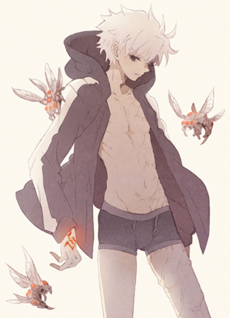 1boy ahoge bug fate/zero fate_(series) hood hoodie matou_kariya open_clothes open_hoodie short_hair solo tsumi_guilty underwear veins white_hair