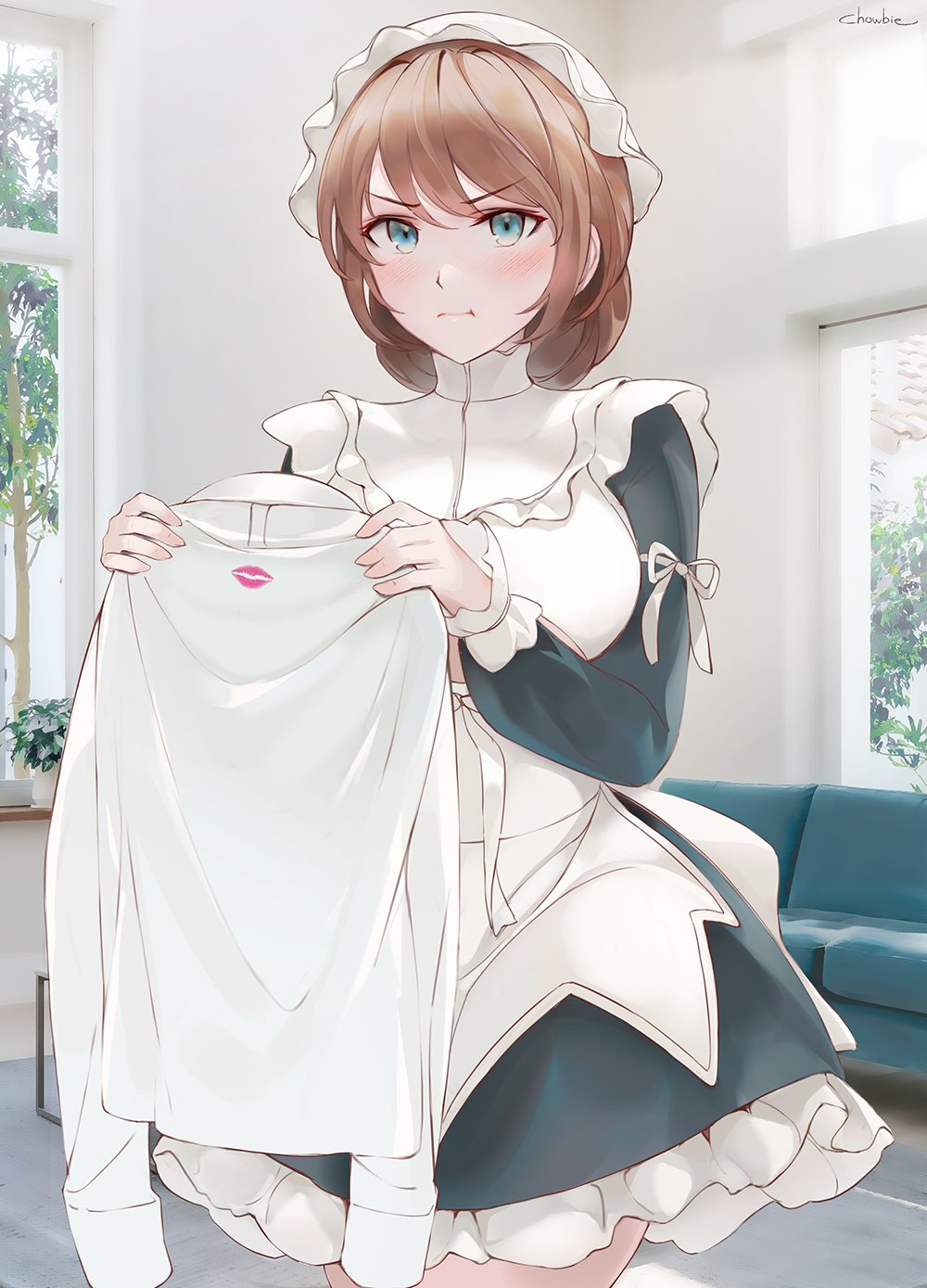 1girl apron artist_name bangs blue_eyes blush breasts chowbie commentary_request couch dress eyebrows_visible_through_hair highres light_brown_hair lipstick_mark looking_at_viewer maid maid_apron maid_headdress medium_breasts original pout shirt sitting solo tree wariza white_shirt
