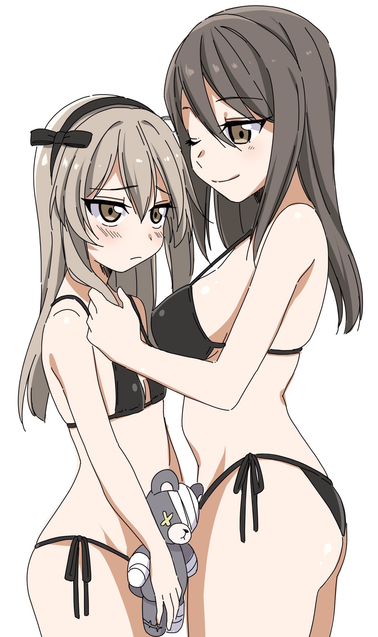 2girls ;) bangs bikini black_bikini black_ribbon blush boko_(girls_und_panzer) brown_eyes brown_hair closed_mouth commentary eyebrows_visible_through_hair flat_chest frown girls_und_panzer hair_ribbon hand_in_another's_hair highres holding holding_stuffed_toy light_brown_hair long_hair looking_at_another medium_hair mika_(girls_und_panzer) multiple_girls no_hat no_headwear one_eye_closed one_side_up ribbon ruruepa shimada_arisu side-tie_bikini smile standing string_bikini stuffed_animal stuffed_toy swimsuit teddy_bear