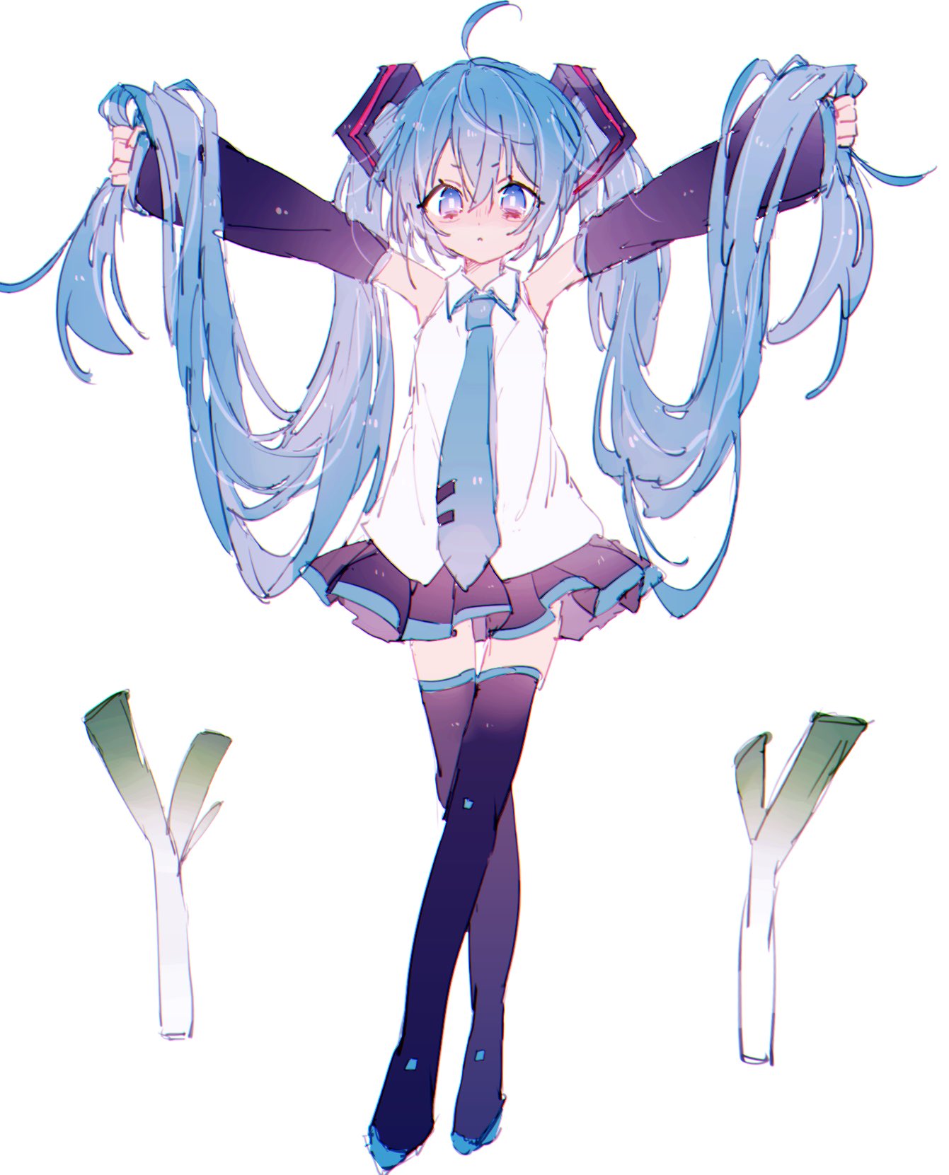 1girl aqua_neckwear arms_up bare_shoulders black_legwear black_skirt black_sleeves blue_eyes blue_hair commentary crossed_legs detached_sleeves expressionless full_body hair_ornament hatsune_miku highres holding holding_hair long_hair looking_at_viewer miniskirt necktie outstretched_arms pleated_skirt shirt simple_background skirt sleeveless sleeveless_shirt solo spring_onion standing thigh-highs twintails ui+ very_long_hair vocaloid white_background white_shirt zettai_ryouiki