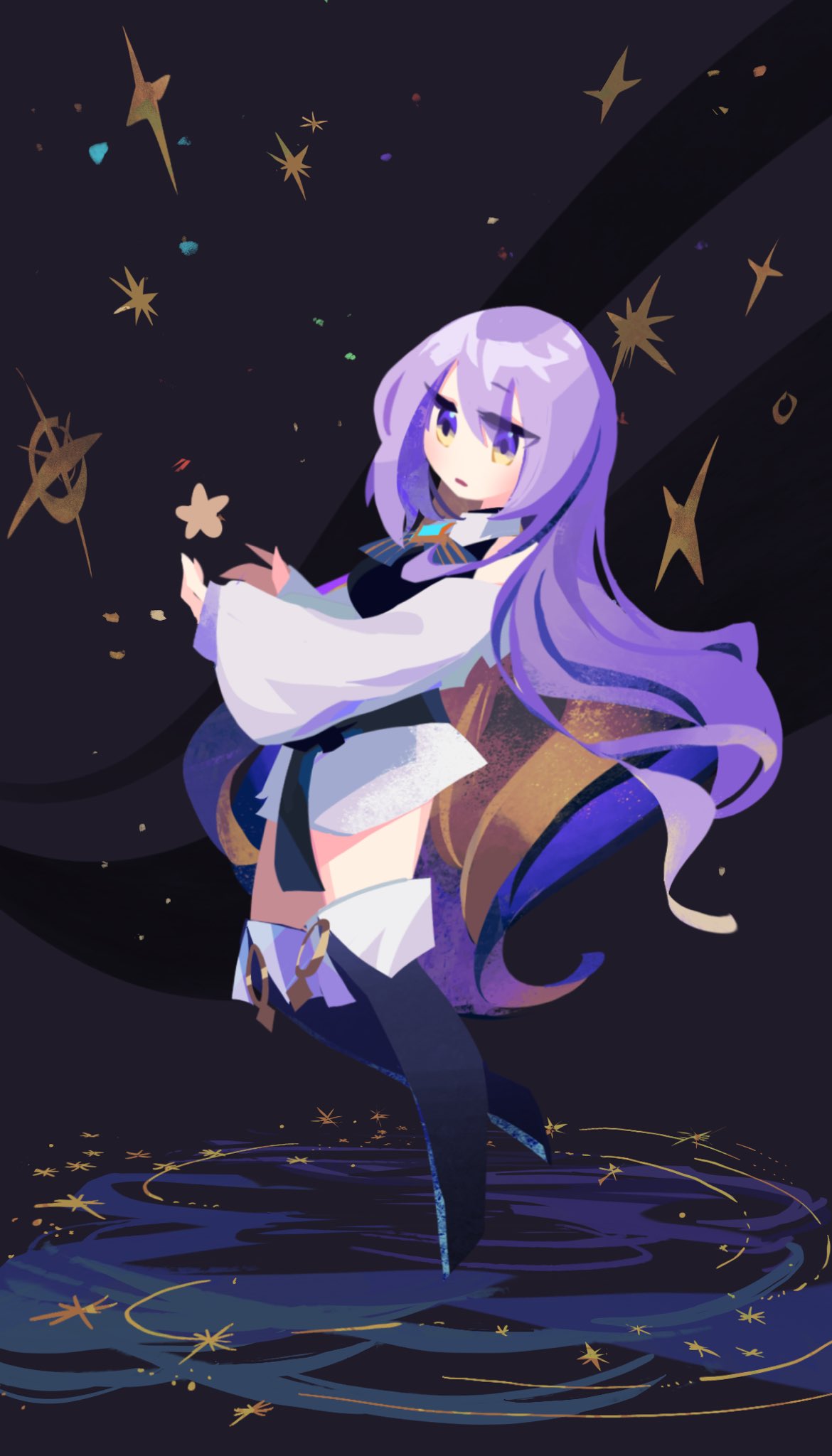 1girl bangs belt black_belt black_footwear black_shirt blonde_hair boots breasts colored_inner_hair halter_top halterneck highres hololive hololive_indonesia jacket long_hair medium_breasts moona_hoshinova multicolored_hair open_mouth purple_hair shirt sky solo star_(sky) starry_sky thigh-highs thigh_boots violet_eyes white_jacket xyzal