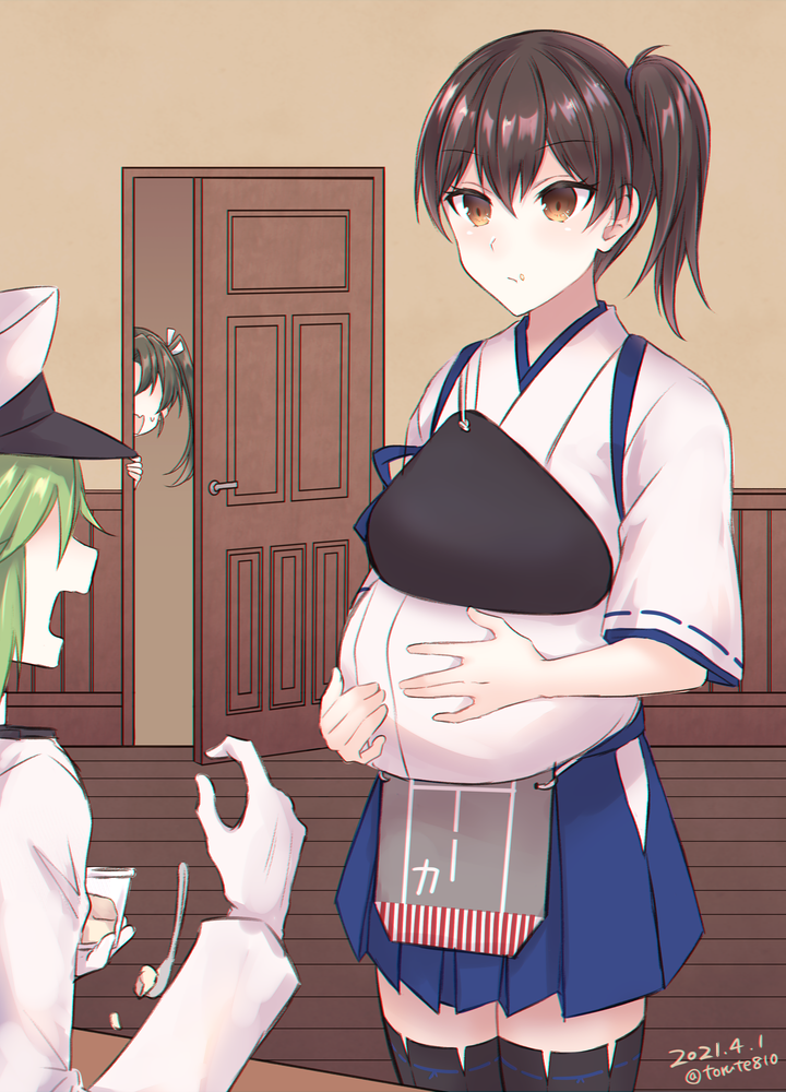 1boy 2girls admiral_(kancolle) april_fools big_belly black_legwear blue_hakama blush brown_eyes brown_hair closed_mouth dated door eyebrows_visible_through_hair food food_on_face full_stomach gloves green_hair hair_between_eyes hakama hakama_skirt hat japanese_clothes kabocha_torute kaga_(kancolle) kantai_collection long_hair long_sleeves military military_uniform multiple_girls muneate naval_uniform open_mouth peaked_cap peeking_out pudding remodel_(kantai_collection) revision short_hair side_ponytail spoon tasuki thigh-highs twitter_username uniform white_gloves zuikaku_(kancolle)