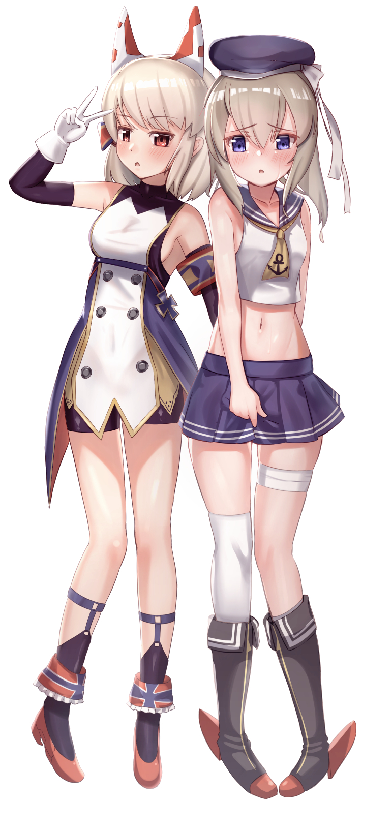 2girls adjusting_skirt alternate_costume alternate_hairstyle anchor_symbol armpits ayanami_(azur_lane) ayanami_(azur_lane)_(cosplay) azur_lane bangs beret bike_shorts blue_eyes blush boots bow collarbone commentary_request cosplay costume_switch detached_sleeves embarrassed eyebrows_visible_through_hair eyes_visible_through_hair full_body gloves grey_hair hair_bow hair_ribbon hairstyle_switch hat hat_bow hat_ribbon headgear highres iron_cross knee_boots kyuuri_no_tsukemono long_hair looking_at_viewer midriff mismatched_legwear multiple_girls navel orange_eyes parted_lips pleated_skirt ponytail ribbon school_uniform serafuku short_ponytail sidelocks silver_hair simple_background skirt v white_background white_gloves z23_(azur_lane) z23_(azur_lane)_(cosplay)