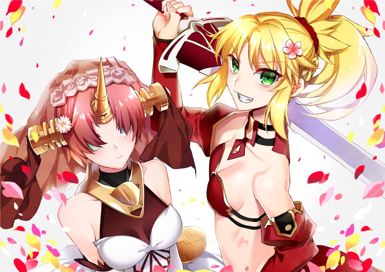 2girls blonde_hair clarent_(fate) dress fate/apocrypha fate_(series) frankenstein's_monster_(fate) green_eyes hair_ornament hair_over_eyes hair_scrunchie holding holding_sword holding_weapon horns mechanical_horn mordred_(fate) mordred_(fate)_(all) multiple_girls pink_hair ponytail red_scrunchie scrunchie short_hair single_horn smile sword weapon ycco_(estrella) yellow_eyes