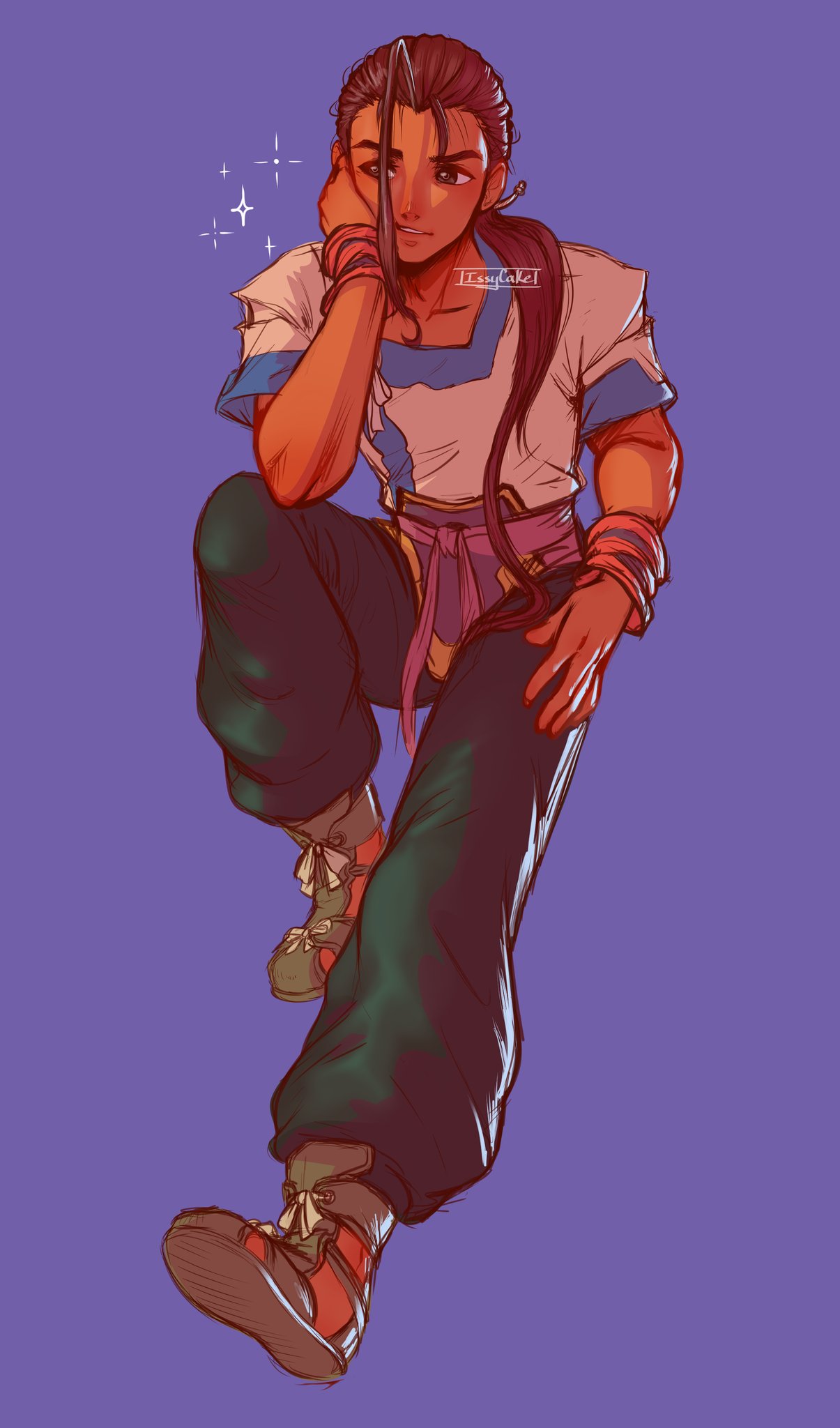 1boy fei_fong_wong full_body highres issycake long_hair male_focus pants ponytail purple_background shoes signature single_hair_intake solo xenogears