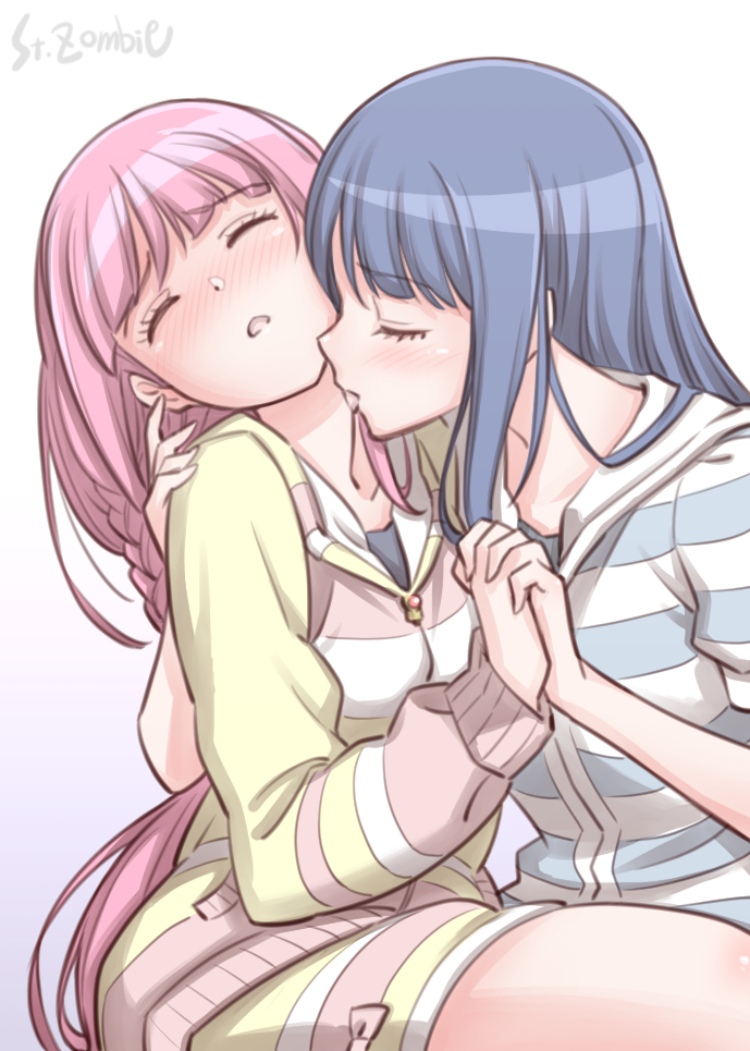 2girls arm_around_back artist_name blue_hair blush closed_eyes holding_hands licking long_hair magia_record:_mahou_shoujo_madoka_magica_gaiden mahou_shoujo_madoka_magica multiple_girls nanami_yachiyo neck_licking open_mouth pink_hair studiozombie tamaki_iroha yuri