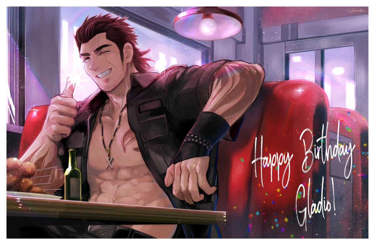1boy abs arm_rest arm_tattoo bare_pecs bead_necklace beads belt birthday black_belt black_jacket booth bottle brown_eyes brown_hair character_name chest_tattoo collared_jacket commentary diffraction_spikes english_text facial_hair final_fantasy final_fantasy_xv food gladiolus_amicitia grin hanging_light happy_birthday indoors jacket jewelry kororo_magumagu looking_at_viewer male_focus muscular muscular_male navel necklace one_eye_closed open_clothes open_jacket pectorals scar scar_across_eye short_sleeves sideburns signature sitting skewer smile solo sparkle symbol_commentary table tattoo thumbs_up window