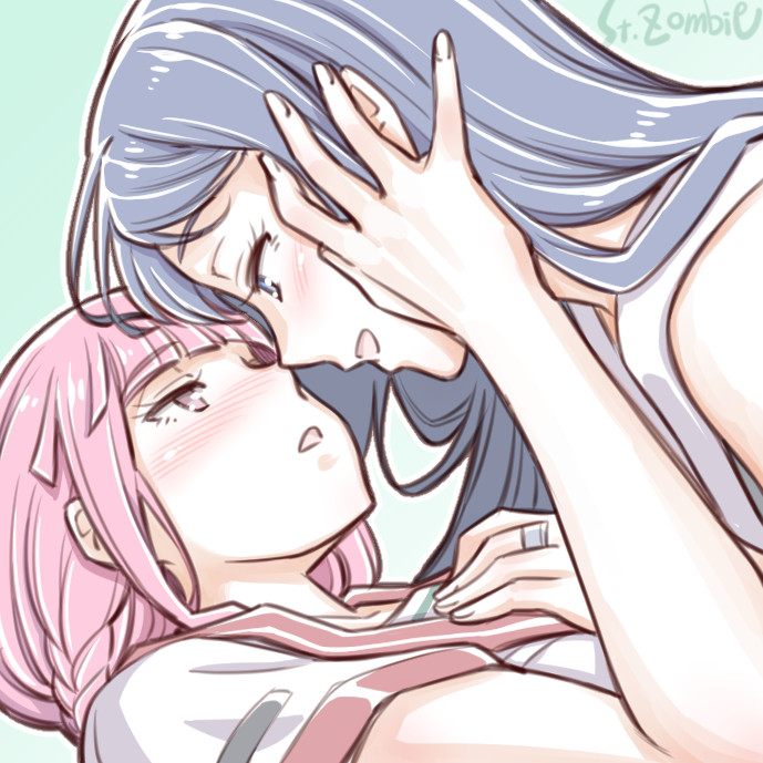 2girls artist_name blue_hair blush braid eye_contact hand_in_another's_hair imminent_kiss long_hair looking_at_another magia_record:_mahou_shoujo_madoka_magica_gaiden mahou_shoujo_madoka_magica multiple_girls nanami_yachiyo open_mouth pink_hair studiozombie tamaki_iroha yuri