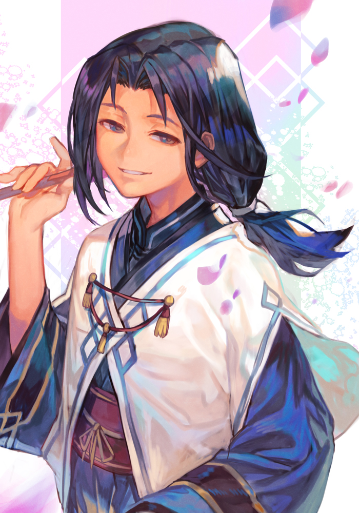 1boy bangs black_hair cherry_blossoms closed_fan fan folding_fan haku_(utawarerumono) hankuri holding holding_fan hankuri long_hair looking_at_viewer paper_fan ponytail smile solo tied_hair utawarerumono utawarerumono:_futari_no_hakuoro utawarerumono:_itsuwari_no_kamen