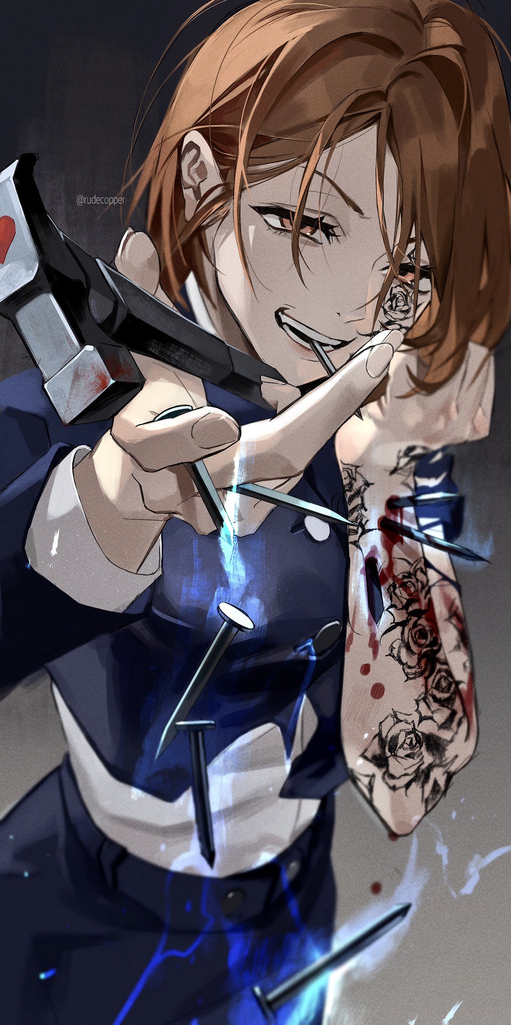 1girl bleeding blood blurry body_markings brown_hair depth_of_field facial_mark grin hammer highres holding holding_hammer holding_nail impaled injury jujutsu_kaisen keki_chogyegi kugisaki_nobara magic messy_hair mouth_hold nail orange_eyes school_uniform self_harm short_hair smile solo teeth