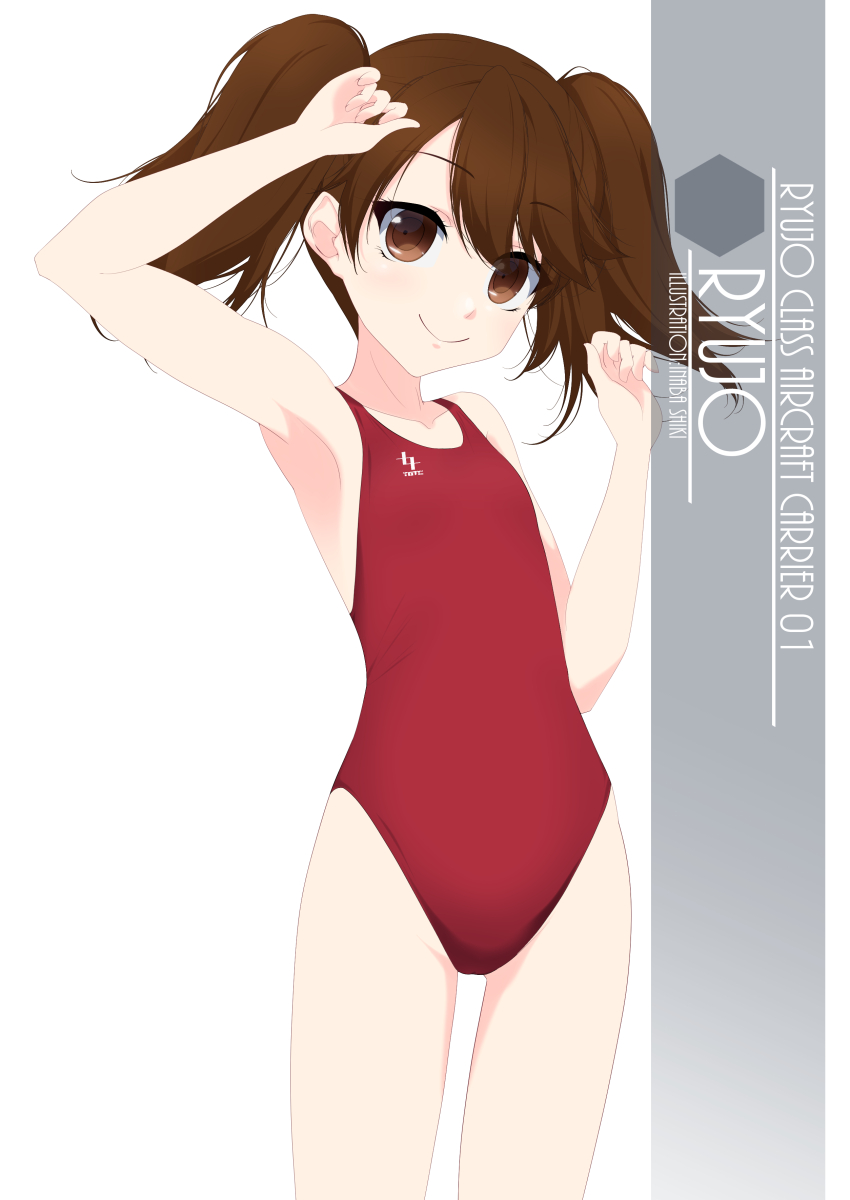 1girl artist_name brown_eyes brown_hair character_name competition_swimsuit cowboy_shot flat_chest highres inaba_shiki kantai_collection logo long_hair looking_at_viewer one-hour_drawing_challenge one-piece_swimsuit red_swimsuit ryuujou_(kancolle) simple_background smile solo standing swimsuit twintails white_background