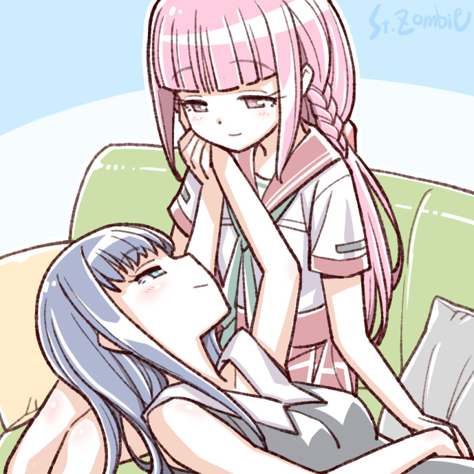 2girls blue_hair couch eye_contact hand_on_another's_face lap_pillow long_hair looking_at_another lying magia_record:_mahou_shoujo_madoka_magica_gaiden mahou_shoujo_madoka_magica multiple_girls nanami_yachiyo on_back pink_hair school_uniform sitting smile studiozombie tamaki_iroha yuri