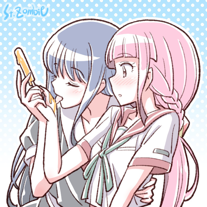 2girls artist_name blue_hair blush braid closed_eyes food hand_on_another's_waist licking long_hair low_ponytail magia_record:_mahou_shoujo_madoka_magica_gaiden mahou_shoujo_madoka_magica multiple_girls nanami_yachiyo pink_hair popsicle studiozombie tamaki_iroha yuri