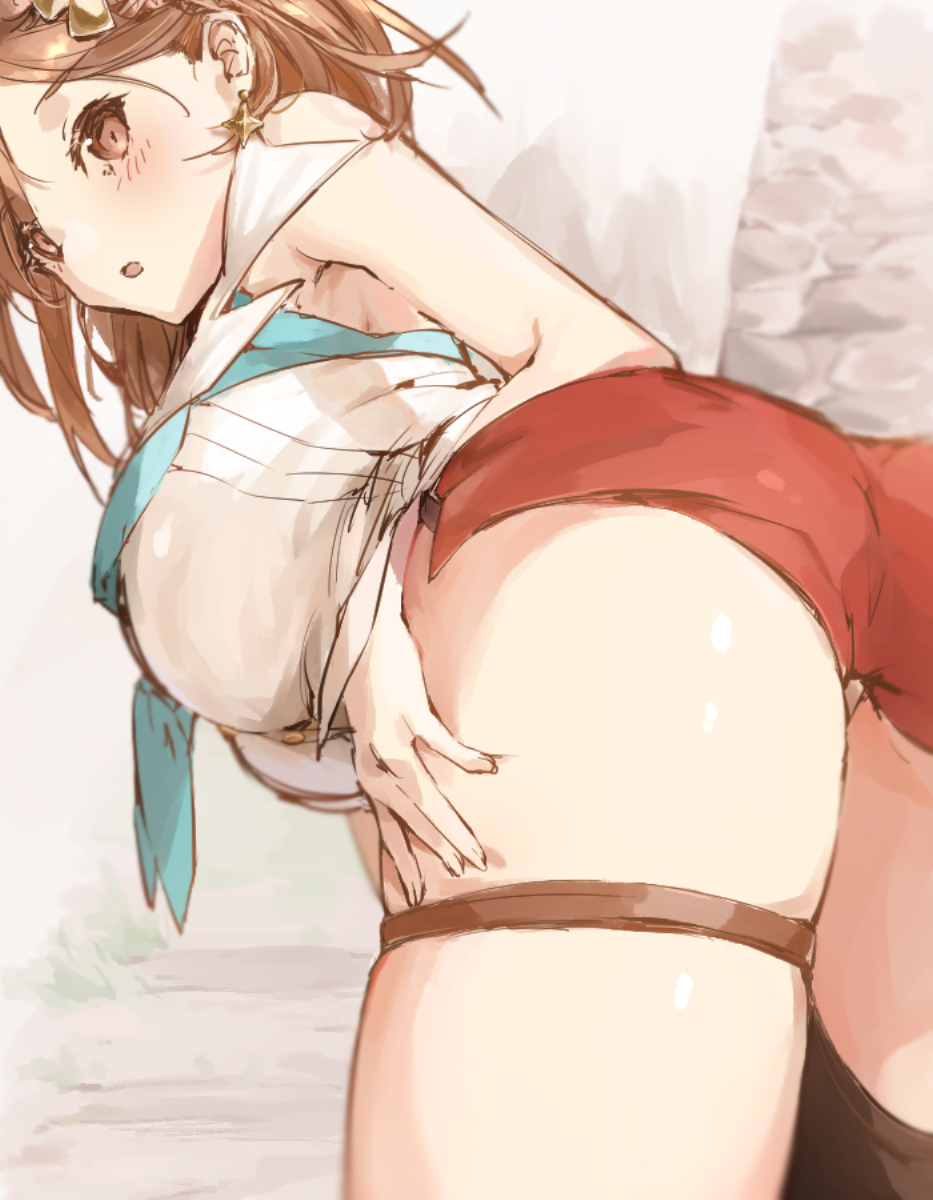 1girl :o ass atelier_(series) atelier_ryza atelier_ryza_2 blush breasts brown_eyes brown_hair earrings hair_behind_ear hand_on_own_thigh highres jewelry large_breasts open_mouth red_shorts reisalin_stout shigure_(shigure_43) shirt short_hair short_shorts shorts single_thighhigh skindentation thick_thighs thigh-highs thigh_strap thighs white_shirt