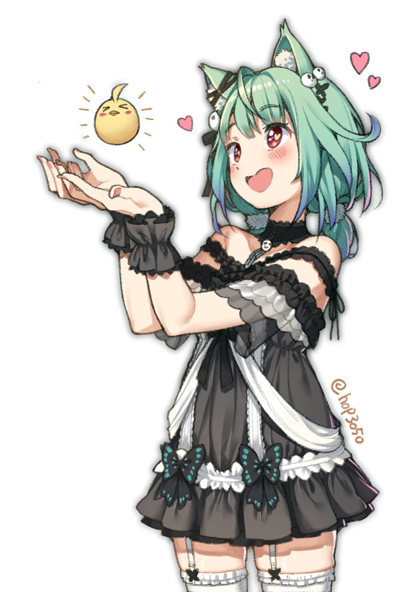 1girl ahoge animal_ear_fluff animal_ears artist_name bangs bare_shoulders bird black_choker black_dress blush bow butterfly_ornament cat_ears chick choker dress eyebrows_visible_through_hair frilled_legwear frilled_straps garter_straps gothic_lolita gradient_hair green_hair hair_ornament heart heart-shaped_pupils highres hololive hop3 jewelry lace lace_choker lolita_fashion long_hair low_twintails multicolored_hair nail_polish off-shoulder_dress off_shoulder open_mouth piyoko_(uruha_rushia) pom_pom_(clothes) red_eyes ribbon see-through_sleeves short_sleeves short_twintails skull_hair_ornament smile solo symbol-shaped_pupils thigh-highs twintails twitter_username uruha_rushia virtual_youtuber white_background white_garter_straps white_legwear wristband