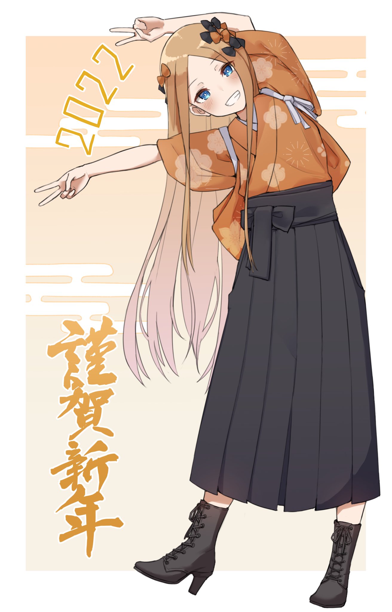 1girl 2022 abigail_williams_(fate) bangs black_bow blue_eyes blush bow breasts fate/grand_order fate_(series) forehead full_body grin highres kopaka_(karda_nui) long_hair looking_at_viewer multiple_bows orange_bow parted_bangs small_breasts smile solo translation_request