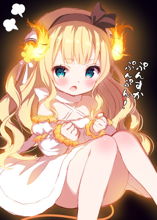 1girl bangs blonde_hair blue_eyes blush brown_hairband chitosezaka_suzu commentary_request criss-cross_halter curled_horns detached_sleeves dress eyebrows_visible_through_hair feet_out_of_frame fiery_horns gochuumon_wa_usagi_desu_ka? hairband halterneck horns kirima_sharo knees_together_feet_apart knees_up long_hair long_sleeves looking_at_viewer open_mouth puffy_short_sleeves puffy_sleeves short_over_long_sleeves short_sleeves sitting sleeves_past_wrists solo translation_request very_long_hair white_dress