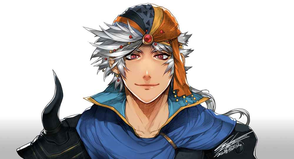 1boy artist_name asymmetrical_clothes bandana beads brown_eyes final_fantasy final_fantasy_ii frioniel hair_beads hair_ornament hiryuu_(kugelcruor) looking_at_viewer shoulder_spikes signature silver_hair simple_background smile solo spikes upper_body