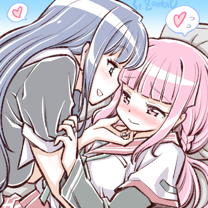 2girls artist_name blue_hair blush braid eye_contact hand_on_another's_chin heart long_hair looking_at_another low_ponytail magia_record:_mahou_shoujo_madoka_magica_gaiden mahou_shoujo_madoka_magica multiple_girls nanami_yachiyo pink_hair school_uniform serafuku spoken_heart studiozombie tamaki_iroha yuri