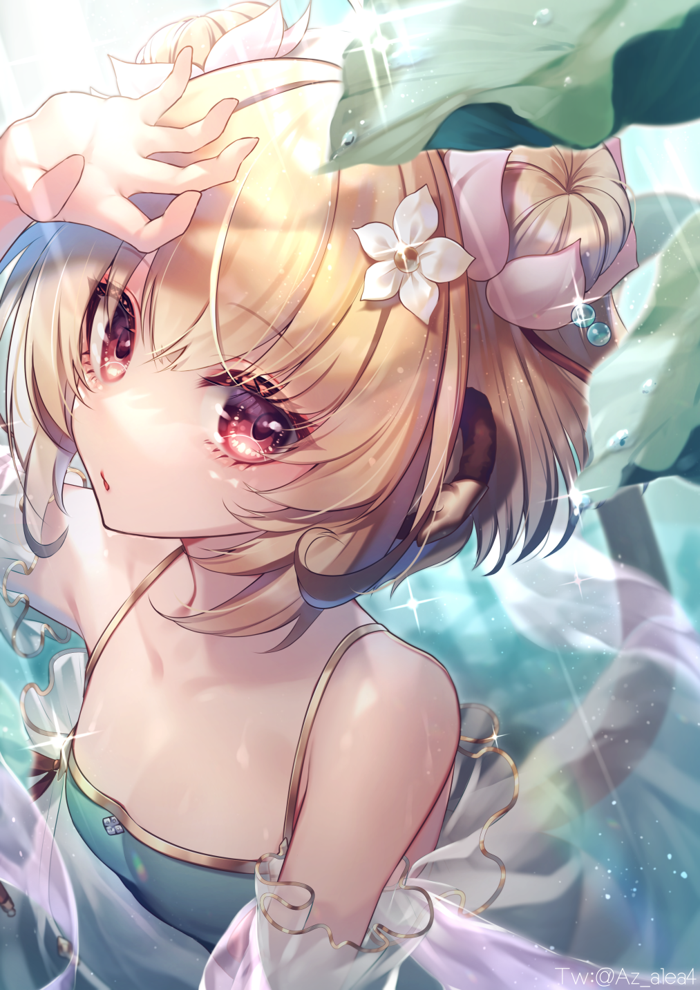 1girl andira_(granblue_fantasy) animal_ears arm_up azalea4 bangs bare_shoulders blonde_hair blue_swimsuit casual_one-piece_swimsuit commentary_request double_bun eyebrows_visible_through_hair flower glint granblue_fantasy hair_between_eyes hair_flower hair_ornament highres looking_at_viewer monkey_ears monkey_girl monkey_tail one-piece_swimsuit red_eyes revision see-through solo swimsuit tail twitter_username upper_body water_drop white_flower