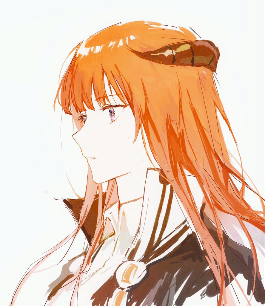 1girl arknights bagpipe_(arknights) black_jacket collared_shirt dragon_horns eyebrows_visible_through_hair high_collar horns jacket long_hair looking_away orange_hair parted_lips profile qinglai_haiji serious shirt simple_background sketch solo upper_body violet_eyes white_background white_shirt