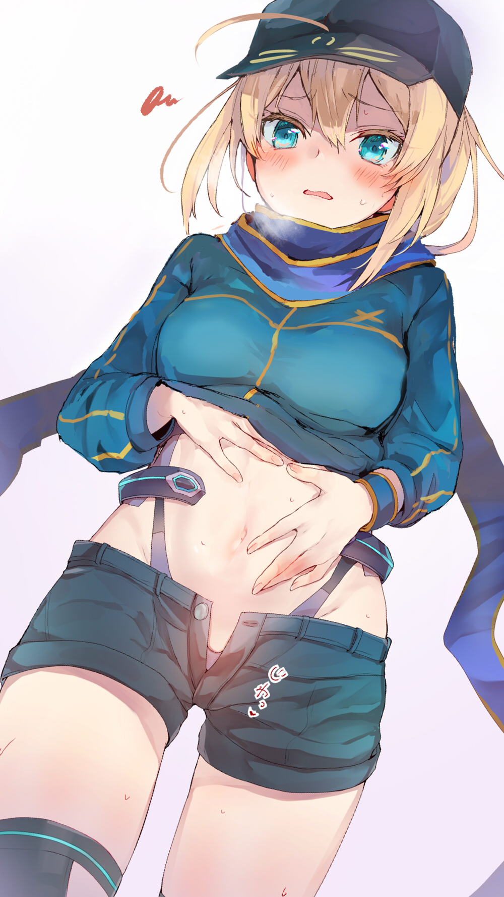 1girl ahoge aqua_eyes artoria_pendragon_(all) baseball_cap black_headwear black_legwear blonde_hair blue_scarf blue_shirt blue_shorts blush breasts breath cowboy_shot fate/grand_order fate_(series) groin hair_between_eyes hand_on_own_stomach hat heavy_breathing highleg highleg_panties highres lifted_by_self medium_breasts midriff mysterious_heroine_x_(fate) navel open_fly open_mouth panties purple_panties scarf shirt shirt_lift short_hair short_shorts shorts simple_background solo squiggle stomach sweat thigh-highs thighs tomozero underwear white_background