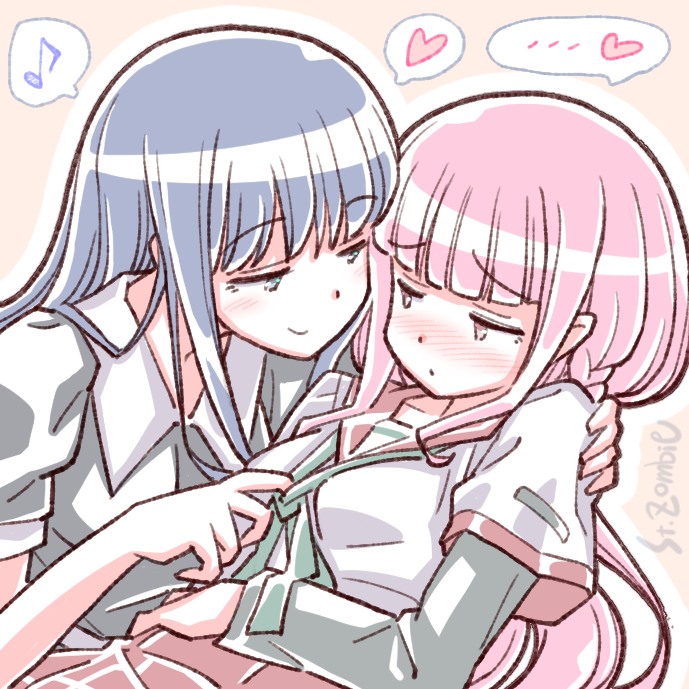 2girls artist_name blue_hair blush eye_contact heart long_hair looking_at_another magia_record:_mahou_shoujo_madoka_magica_gaiden mahou_shoujo_madoka_magica multiple_girls musical_note nanami_yachiyo pink_hair smile spoken_heart spoken_musical_note studiozombie tamaki_iroha untying yuri