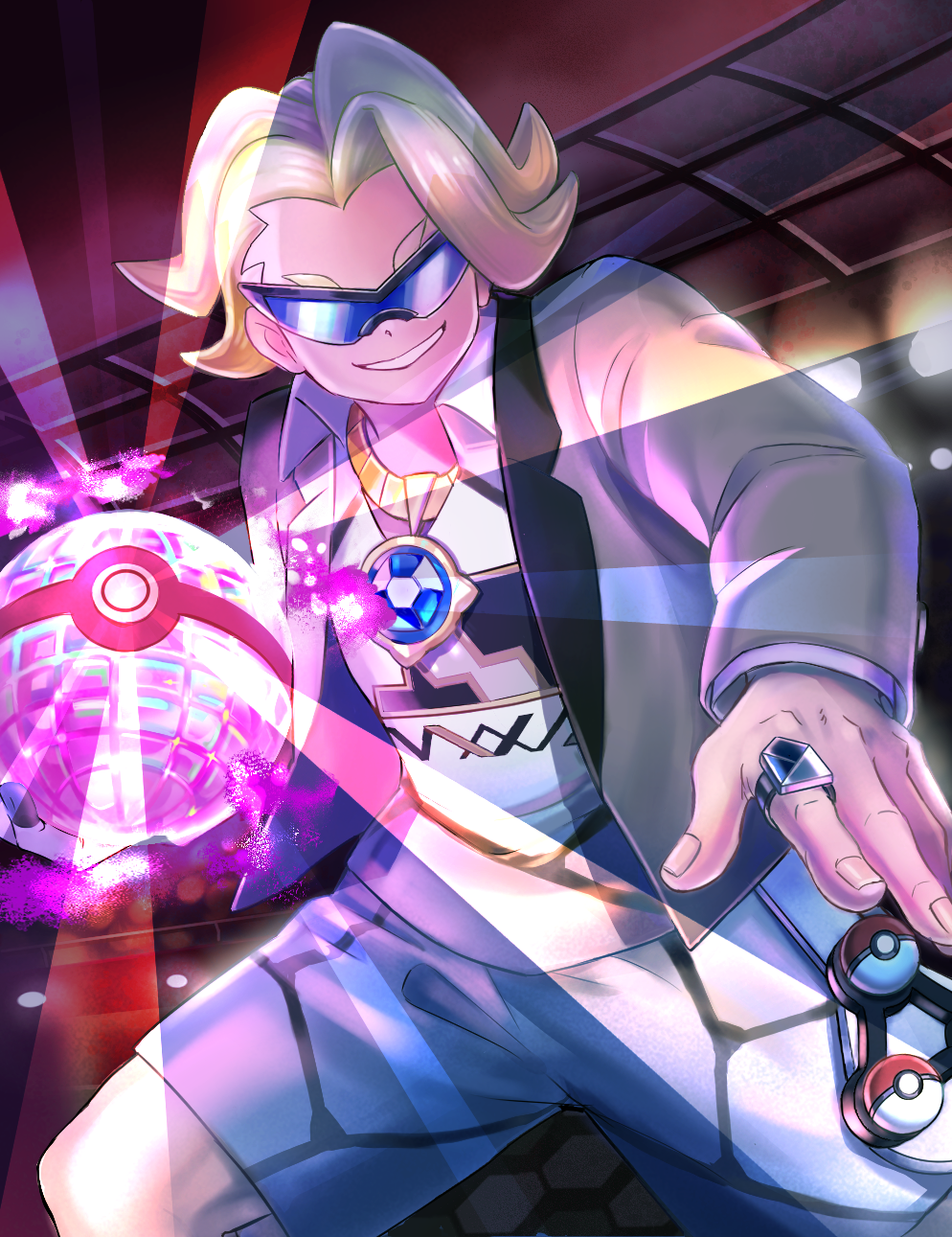 1boy black-framed_eyewear blonde_hair blue-tinted_eyewear collared_shirt commentary_request dynamax_ball gordie_(pokemon) grey_jacket gym_leader highres holding holding_poke_ball jacket jewelry legs_apart long_sleeves looking_at_viewer male_focus mitama_(mokochiko) necklace open_clothes open_jacket parted_lips poke_ball poke_ball_(basic) pokemon pokemon_(game) pokemon_swsh ring shirt shorts smile solo stadium sunglasses