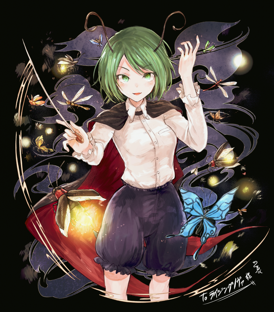 1girl antennae bangs baton_(instrument) black_background black_shorts blouse bug butterfly cape collared_blouse dragonfly eyebrows_visible_through_hair fireflies firefly green_eyes green_hair hand_up hisona_(suaritesumi) insect long_sleeves looking_at_viewer open_mouth short_hair shorts solo swept_bangs touhou two-sided_cape two-sided_fabric white_blouse wriggle_nightbug