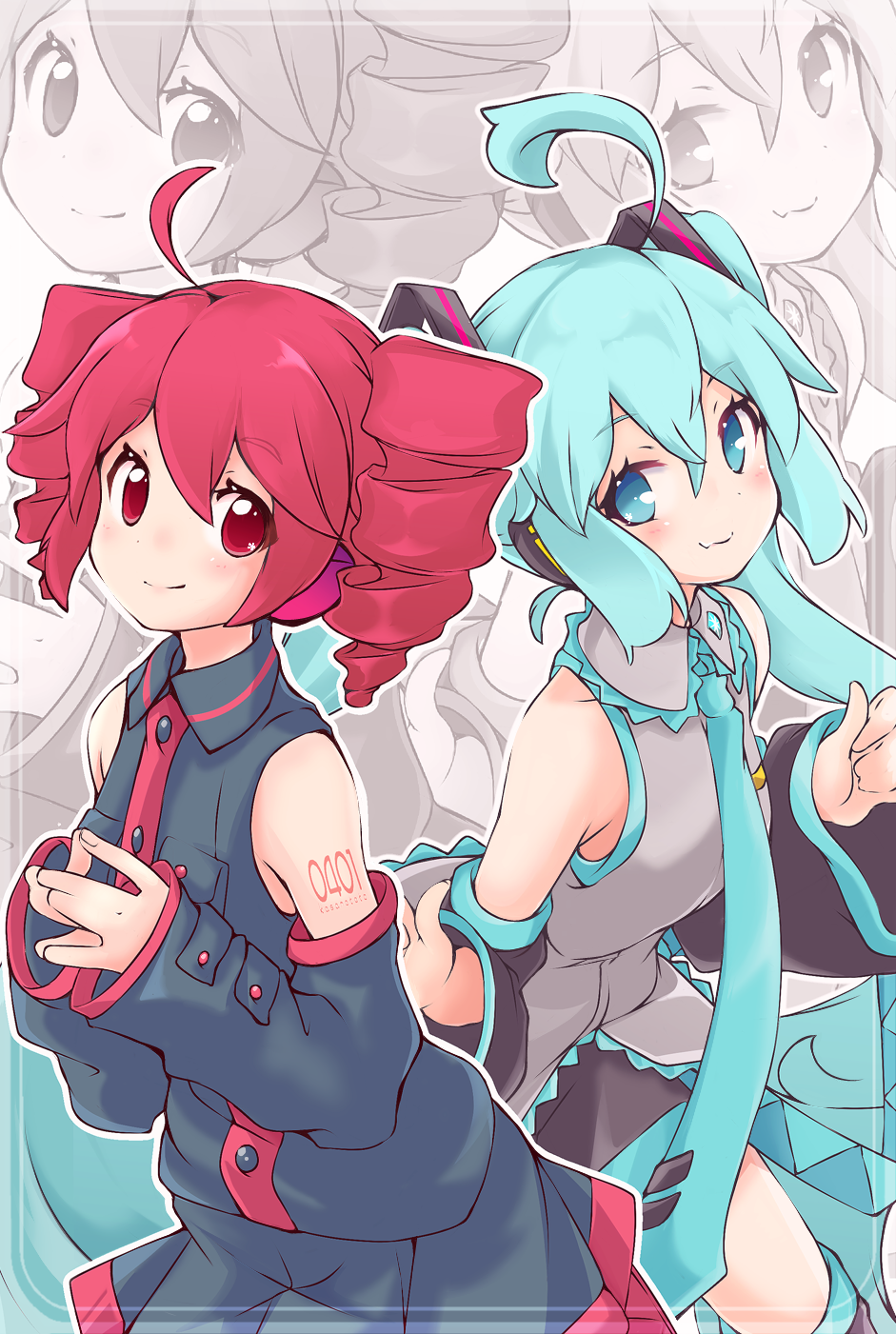 2girls :3 ahoge akino_coto aqua_eyes aqua_hair aqua_neckwear bare_shoulders black_legwear black_shirt black_skirt black_sleeves commentary cowboy_shot detached_sleeves drill_hair grey_shirt hair_ornament hands_together hatsune_miku headphones highres kasane_teto leaning_forward long_hair looking_at_viewer miniskirt monochrome_background multiple_girls necktie pleated_skirt red_eyes redhead shirt short_hair shoulder_tattoo skirt sleeveless sleeveless_shirt smile steepled_fingers tattoo thigh-highs twin_drills twintails utau very_long_hair vocaloid zoom_layer