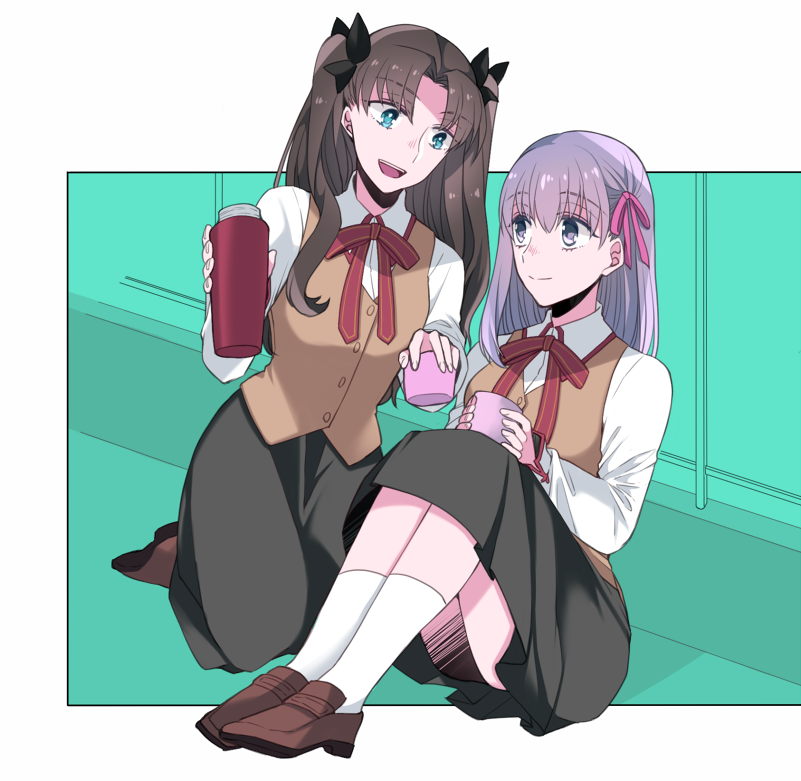 2girls black_hair blue_eyes fate/stay_night fate_(series) hair_ribbon homurahara_academy_uniform long_hair matou_sakura multiple_girls purple_hair red_ribbon ribbon school_uniform siblings sisters sitting smile suzuko_(star8383) thermos tohsaka_rin twintails two_side_up violet_eyes