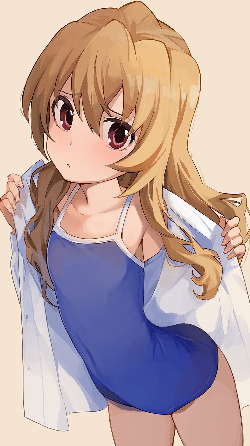 1girl aisaka_taiga arched_back bangs beige_background blue_swimsuit blush brown_eyes brown_hair collarbone commentary_request competition_school_swimsuit cowboy_shot eyebrows_visible_through_hair flat_chest hair_between_eyes highres hiroki_(yyqw7151) light_frown long_hair looking_at_viewer one-piece_swimsuit school_swimsuit shirt simple_background solo swimsuit toradora! undressing white_shirt