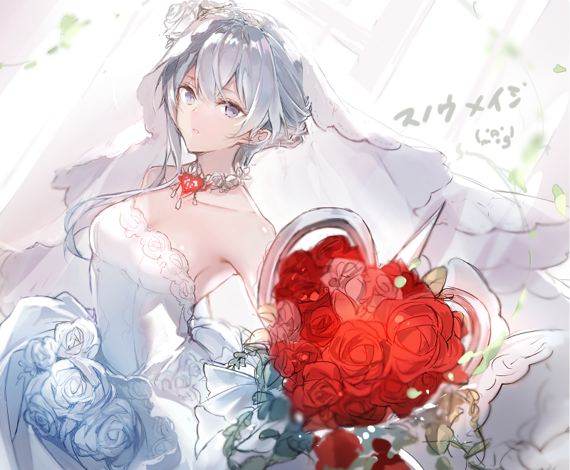 1girl bad_id bad_pixiv_id bouquet bridal_veil choker dress flower fukuda935 grey_eyes hair_bun hair_flower hair_ornament holding holding_bouquet looking_at_viewer parted_lips petals rose rose_petals short_hair silver_hair sinoalice sketch snow_white_(sinoalice) solo teeth veil wedding wedding_dress white_dress