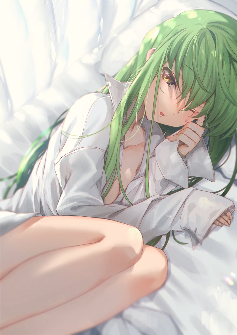 1girl bed_sheet breasts c.c. code_geass commentary_request creayus eyebrows_visible_through_hair green_hair legs long_hair long_sleeves looking_at_viewer lying on_side one_eye_closed open_clothes open_shirt pillow shirt small_breasts solo white_shirt yellow_eyes