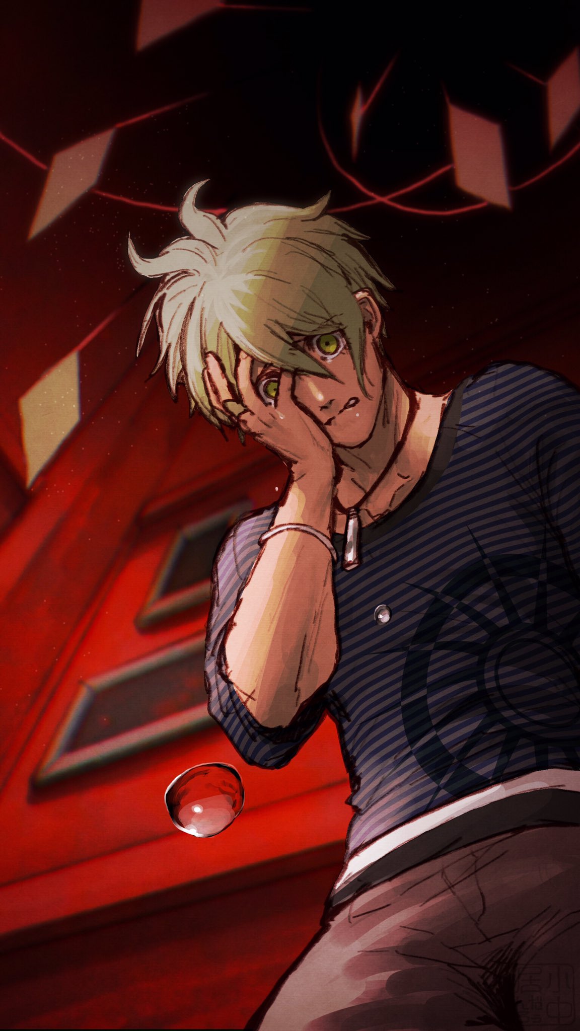 1boy amami_rantarou blood blood_drop brown_pants collarbone commentary_request dangan_ronpa_(series) dangan_ronpa_v3:_killing_harmony facing_down green_eyes green_hair hand_on_own_face highres indoors jewelry konakai long_sleeves male_focus pants red_theme shirt short_hair sitting solo striped striped_shirt