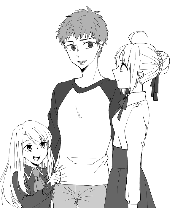 1boy 2girls artoria_pendragon_(all) emiya_shirou fate_(series) hair_bun illyasviel_von_einzbern long_hair monochrome multiple_girls neckwear raglan_sleeves ronpaxronpa saber short_hair skirt smile tug