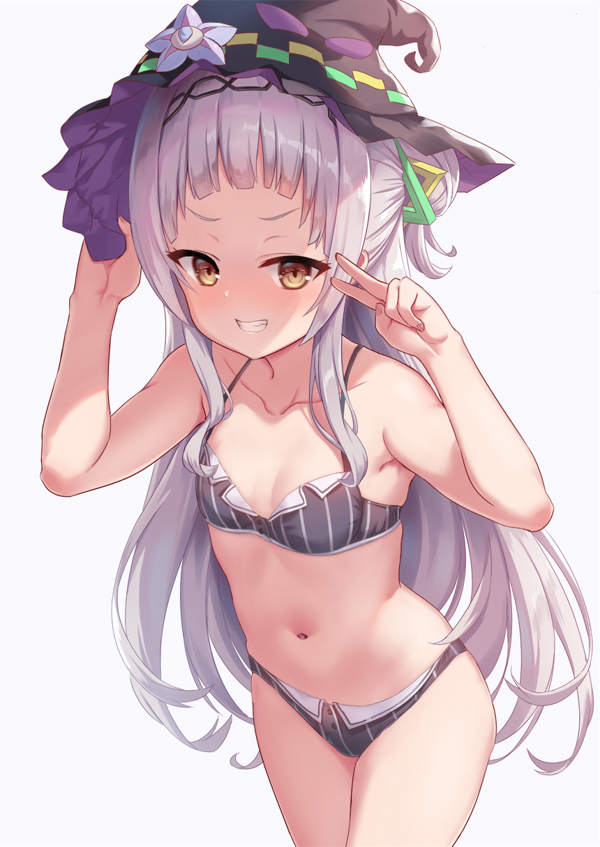 1girl bangs bare_shoulders bikini black_bra black_headwear black_panties blunt_bangs blush bra breasts collarbone grey_bra grey_panties grin hairband half_updo hat hexagram_hair_ornament highres hololive long_hair looking_at_viewer murasaki_shion navel panties shimokirin sidelocks silver_hair small_breasts smile standing striped swimsuit thighs underwear v vertical-striped_bra vertical-striped_panties vertical_stripes virtual_youtuber witch_hat yellow_eyes