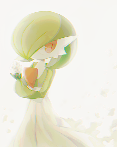 1girl bangs bob_cut chromatic_aberration closed_mouth colored_skin dissolving flat_chest flower gardevoir gen_3_pokemon gou_(pixiv_24579323) green_hair green_skin hair_over_one_eye hands_up holding holding_flower looking_to_the_side multicolored multicolored_skin pokemon pokemon_(creature) red_eyes short_hair simple_background solo standing two-tone_skin white_background white_flower white_skin