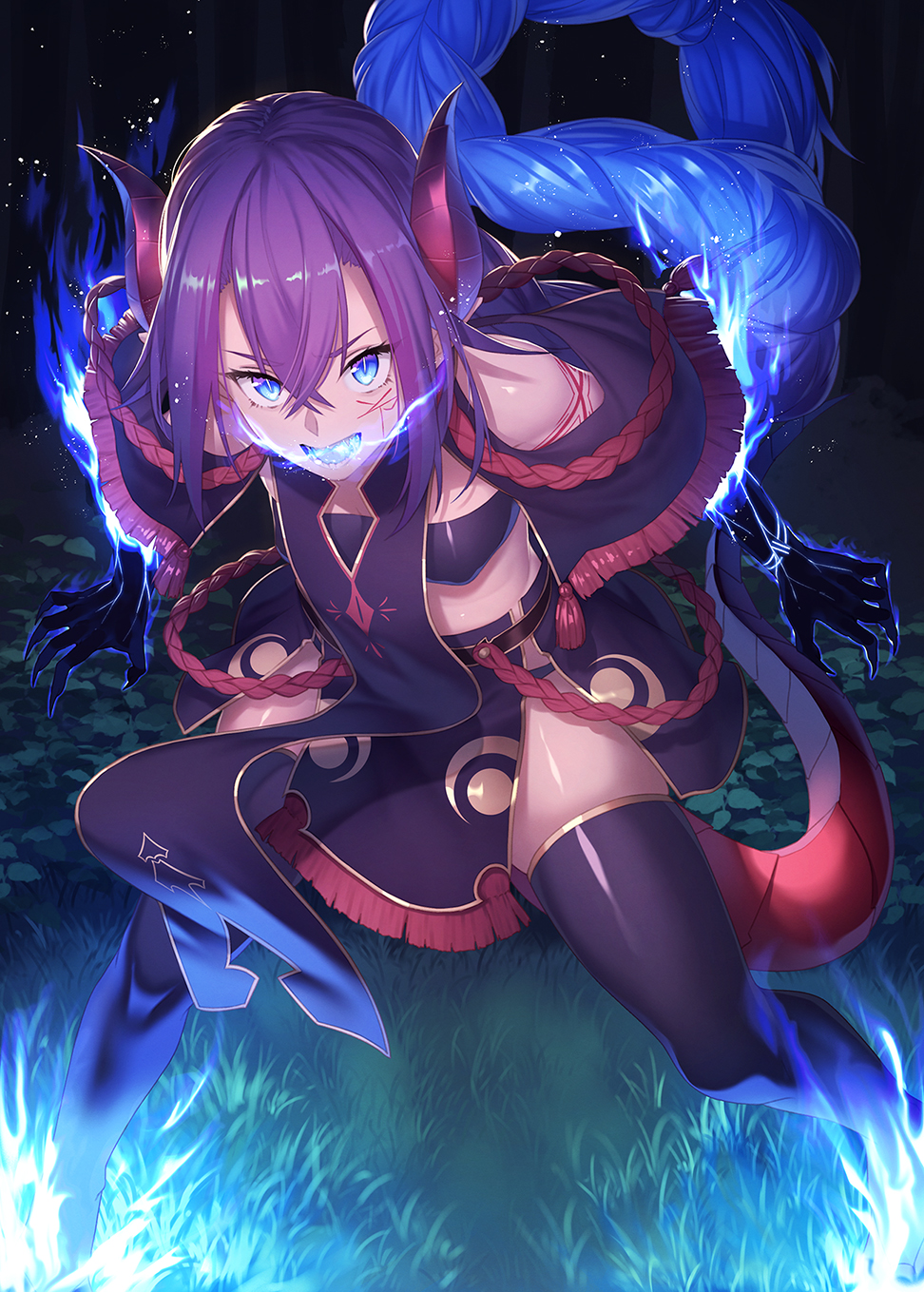 1girl bandeau bangs bare_shoulders belt black_legwear black_skirt blue_eyes blue_fire breasts claws dragon_girl dragon_horns dragon_tail facial_mark fire highres horns ibuki_notsu long_hair looking_at_viewer medium_breasts melusine_(ibuki_notsu) open_mouth original pointy_ears purple_hair rope skirt slit_pupils tabard tail thigh-highs