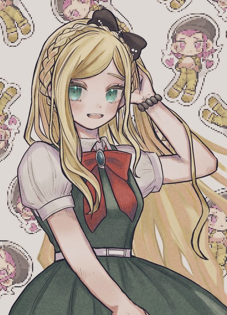 1girl :d arm_up black_bow blonde_hair blush bow bowtie braid breasts character_print collared_shirt commentary_request crown_braid dangan_ronpa_(series) dangan_ronpa_2:_goodbye_despair dress french_braid green_dress green_eyes hair_bow hand_in_hair heart long_hair looking_at_viewer medium_breasts open_mouth pinafore_dress puffy_short_sleeves puffy_sleeves red_bow red_neckwear seunohala shirt short_sleeves smile solo sonia_nevermind souda_kazuichi sticker upper_teeth white_shirt