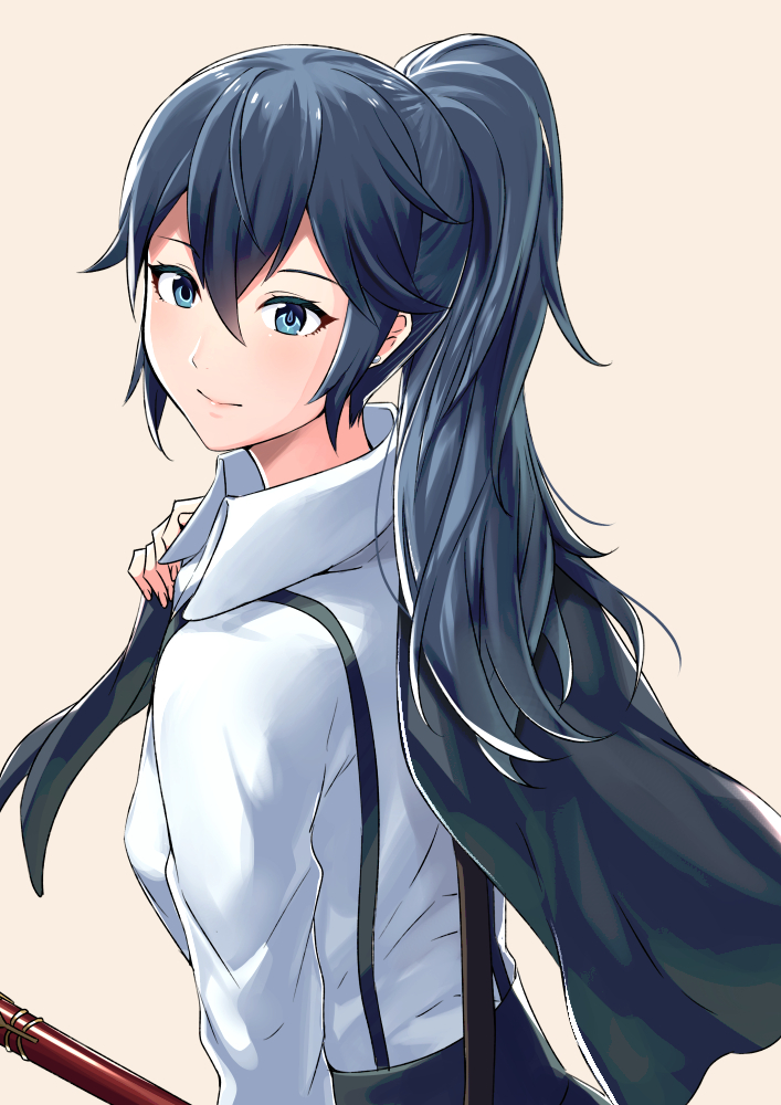 1girl ameno_(a_meno0) bangs blue_eyes blue_hair closed_mouth collared_shirt fire_emblem from_above hair_between_eyes high_ponytail long_hair long_sleeves lucina_(fire_emblem) pink_lips shirt smile suspenders white_shirt