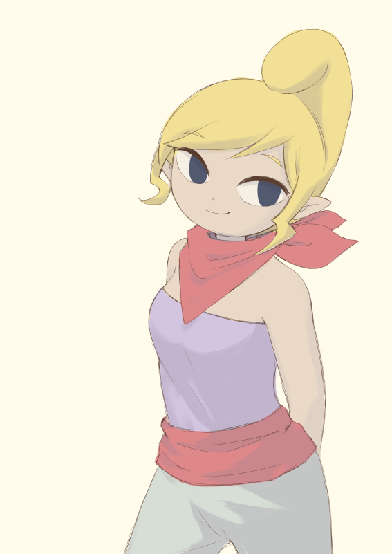 1girl blonde_hair blue_eyes breasts closed_mouth dark_skin dark-skinned_female looking_at_viewer neckerchief pointy_ears short_hair simple_background smile solo tetra the_legend_of_zelda the_legend_of_zelda:_the_wind_waker usushira