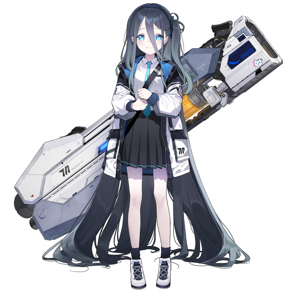 1girl absurdly_long_hair arisu_(blue_archive) blue_archive blue_eyes blush boots commentary_request dark_blue_hair full_body hair_between_eyes halo headband jacket long_hair looking_at_viewer necktie official_art railgun school_uniform smile solo transparent_background very_long_hair weapon