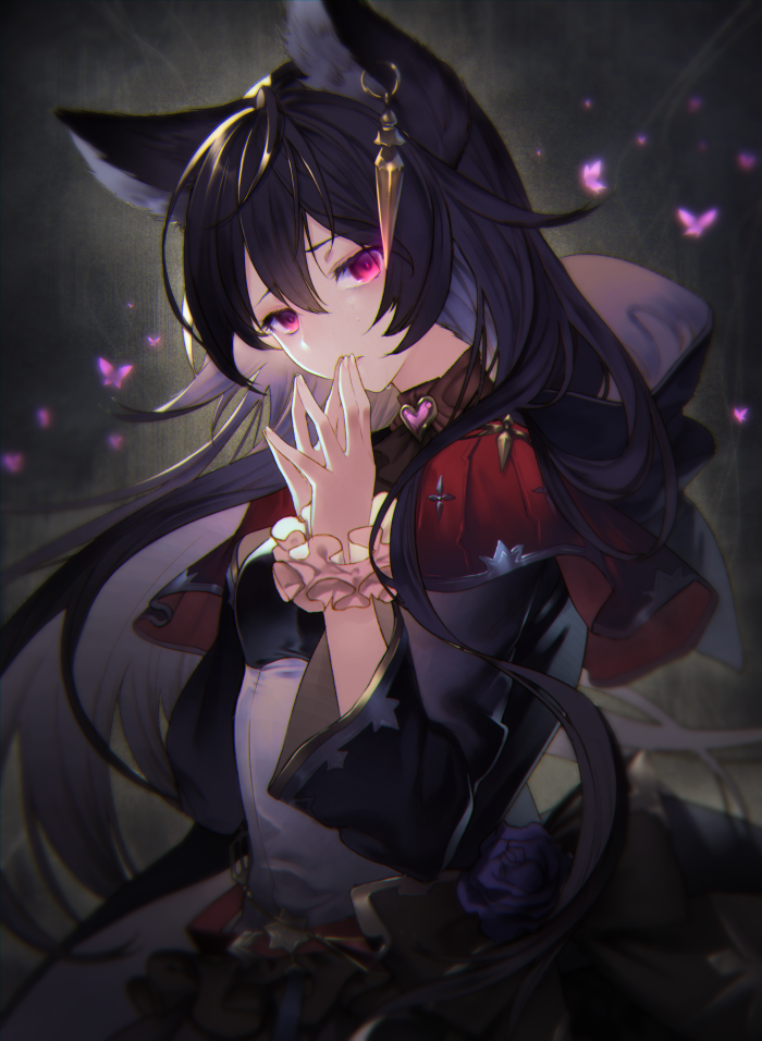 1girl animal_ears bangs black_hair bug butterfly dress earrings goroo granblue_fantasy hair_between_eyes insect jewelry long_hair long_sleeves nier_(granblue_fantasy) red_eyes solo