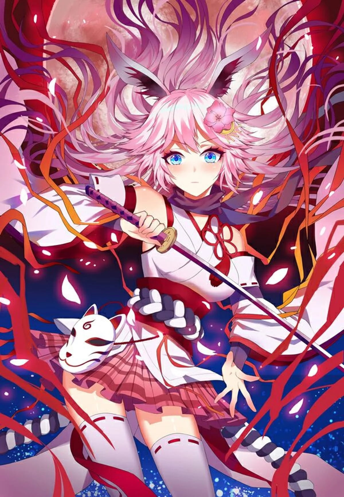 1girl animal_ears artist_request bad_id bad_pixiv_id bangs bare_shoulders blue_eyes closed_mouth flower fox_ears fox_mask full_moon hair_between_eyes hair_flower hair_ornament highres holding holding_sword holding_weapon honkai_(series) honkai_impact_3rd japanese_clothes katana long_hair looking_at_viewer mask miko moon night night_sky petals pink_flower pink_hair pink_skirt skirt sky solo star_(sky) sword thigh-highs weapon white_legwear yae_sakura yae_sakura_(gyakushinn_miko)