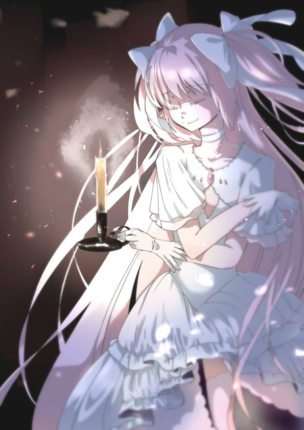 1girl absurdly_long_hair blurry candle candlelight candlestand closed_eyes closed_mouth clothing_cutout collarbone covered_navel cowboy_shot crossed_arms dark_background darkness depth_of_field dress eyebrows_visible_through_hair eyelashes facing_viewer fire flat_chest frilled_dress frills gloves goddess_madoka hair_ribbon hands_up happy haruharu head_down holding holding_candle kaname_madoka layered_dress layered_sleeves lens_flare light light_particles light_smile long_dress long_hair mahou_shoujo_madoka_magica pink_hair pink_legwear ribbon solo standing thigh-highs two_side_up very_long_hair white_dress white_gloves white_ribbon wide_sleeves zettai_ryouiki